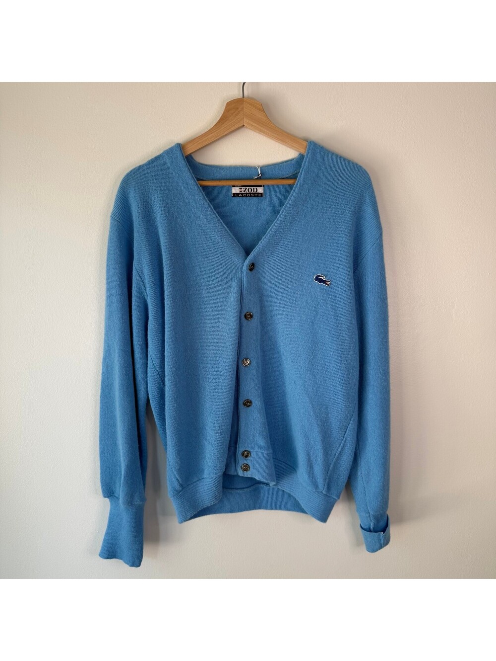 Vintage 70s IZOD Lacoste Light Blue Acrylic Cardigan Sweater Size Medium